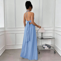 Blue Halter Neck Open Back Waist-cinching Slimming Beach Vacation Maxi Dress