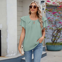 Round-neck Flutter-sleeve Loose-fit Chiffon Top