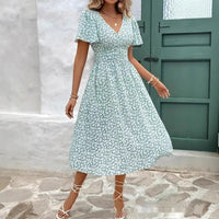 Summer Floral Puff-Sleeve V-Neck Dress