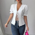 Women's Casual Short Sleeved V-neck Lace Up Pleated Patchwork Solid Color Shirt