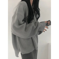 Slit Hemline At Hem Loose Sweater Round Neck Pullover Top Women