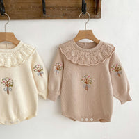 Baby Knitted Lotus Collar Long-sleeve Jumpsuit Baby Girl