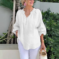 Womens Casual V-Neck Solid Color Cotton-Linen Long-Sleeve Top
