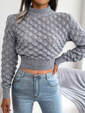 Women 3D Diamond Knit Long Sleeve Cropped Sweater