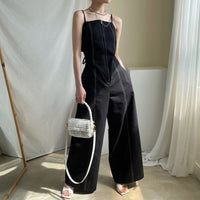 Retro Zipper Design Wide Leg Pants Double Pocket High Waist Straight Sling Jumpsuit Women