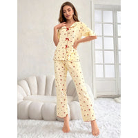 Women's Crew-Neck Cherry-Print Short-Sleeve Top And Pants Set