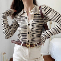 Single-breasted Sweater Contrast Color Striped Dinified Sweater Cardigan