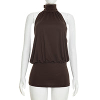 Summer Solid Colored Sleeveless Lace Up Halter Neck Midriff Baring Short Skirt