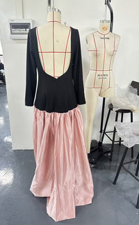 Black Knit Backless  Satin Ball Gown Maxi Dress