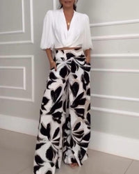 Socialite Womens Three-quarter-sleeve Fashionable Casual Wide-leg Pants Set