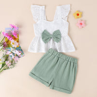 Sweet Flying Sleeve White Bow Top Shorts Suit