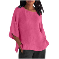 Womens Casual Crew-neck Cotton-linen Shirt Top