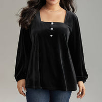 Square Neck Long Sleeve Fashion Loose Elegant Velvet T-shirt