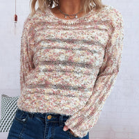 Pullover V-neck Long Sleeve Seersucker Sweater For Women