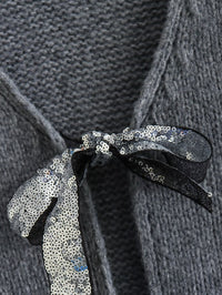 V-neck Long Sleeve Sequined Bow Tie Knitted Cardigan Sweater