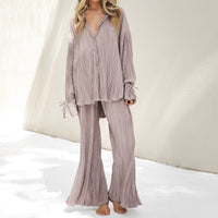 Fashion Suit Pleated Shirt Long Sleeve Split Pajamas Two-piece Set