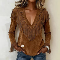 Tasseled Suede V-Neck Fashionable Slim-Fit Womens Blouse