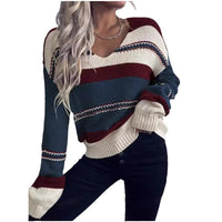 Women's V-neck Casual Loose Contrast Color Striped Pullover