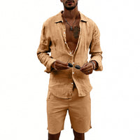 Men's Linen Casual Loose-Fit Long-Sleeve Shirt And Shorts Set
