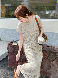 Bohemian Retro Crochet Hollow-Out Jacquard Knitted Dress Womens Summer New Loose Layering Cover-Up