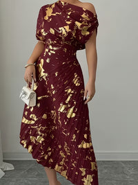 Women's Asymmetric Shoulder Gold Foil Pleated Dress
