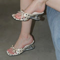 Design-oriented Niche Special-shaped Heel Slippers, Retro Bow Polka Dot Heart Block Heel Square Toe Sandals