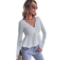 Women's V-neck Ruffled Peplum Waist-cinching Knit Long-sleeve Crop Top