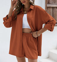 Spring Solid-Colored Lapel Long-Sleeve Shirt And Elastic High-Waist Shorts Casual Set