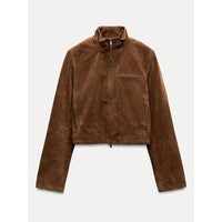 Spring Short Suede Jackets Women Brown Stand Collar Zip