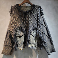 Personality Trendy Twist Weave Stitching Denim Round Neck Sweater