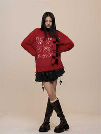 Red Christmas Round Neck Sweater Women's Warm And Loose Sweater