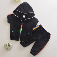 Summer Short-sleeved Baby Zipper Hoodle Black And White Two-piece Suit