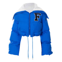 Letter Fur Collar Zipper Drawstring Women's Casual Cotton-padded Jacket Top