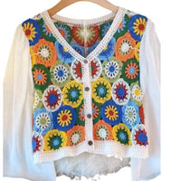 Thai Style Vacation Style Crocheted Hollow Design Knitted Chiffon Patchwork Long Sleeve Retro Slimming V-neck Cardigan For Women