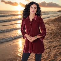 Gold Velvet Bell Sleeve Shirt With Lapel Slit Button Front Casual And Loose