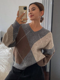 Retro Hit Color Diamond Lattice V-neck Sweater Women's Korean Style Idle Style