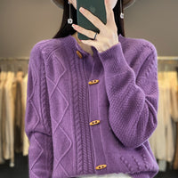 Pure Wool Cardigan Women Loose Crew Neck Coat