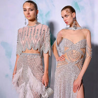 European And American Silver Nude Slim-fit Feather Shawl Host Performance Ladies' Evening Dress