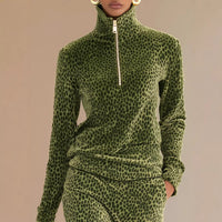 Womens Sporty Leopard-print Stand-collar Long-sleeve Top And Skirt Two-piece Set
