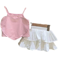 Girls' Summer Sleeveless Love Thin With Shoulder-straps All-match Cake Pleated Skirt