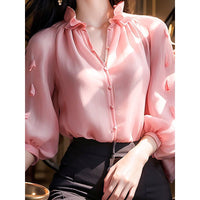 Three-dimensional Petals Solid Color Lantern Sleeve Top Slimming Shirt