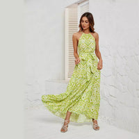 Sexy Round-Neck Lace-Up Printed Long Dress Robe
