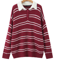 American Retro Preppy-Style Color-Block Striped Lapel Knit Sweater