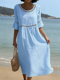 Elegant Casual Crew-Neck Three-Quarter-Sleeve Solid-Color Dress