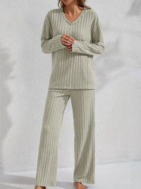 Ribbed Long-Sleeve Top And Pants Casual Comfortable Womens Loungewear Set