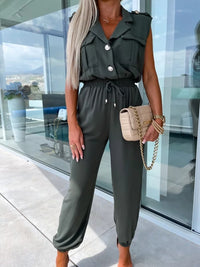 Sleeveless With Cover Patch Pocket Shoulder Button Suit Collar Elastic Waist Casual Jumpsuit Women