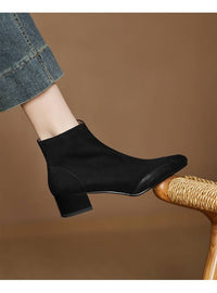 Microsoft Sheepskin New Women's Martin Boots Large Size Pointed Suede Leather Chunky Heel