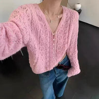 Women's Solid Color Hollow Crocheted V-neck Long-sleeve Knitwear