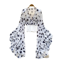 Womens Sheer Cross V-Neck Waist-Cinched Flare-Sleeve Polka-Dot Top