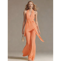 Neck-hanging Backless Belted Sleeveless Wide-leg Suit For Women